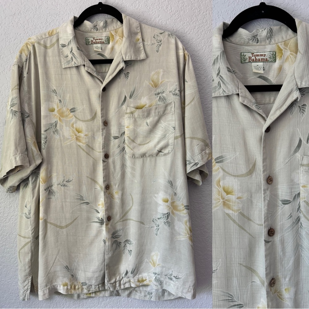 Tommy Bahama Shirt Men's Medium 100% Silk Floral Button Up Hawaiian Vacation